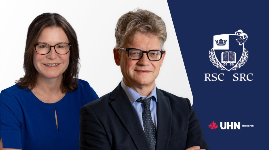 Two portraits of smiling researchers, one female and one male, displayed beside the Royal Society of Canada logo and UHN Research branding.